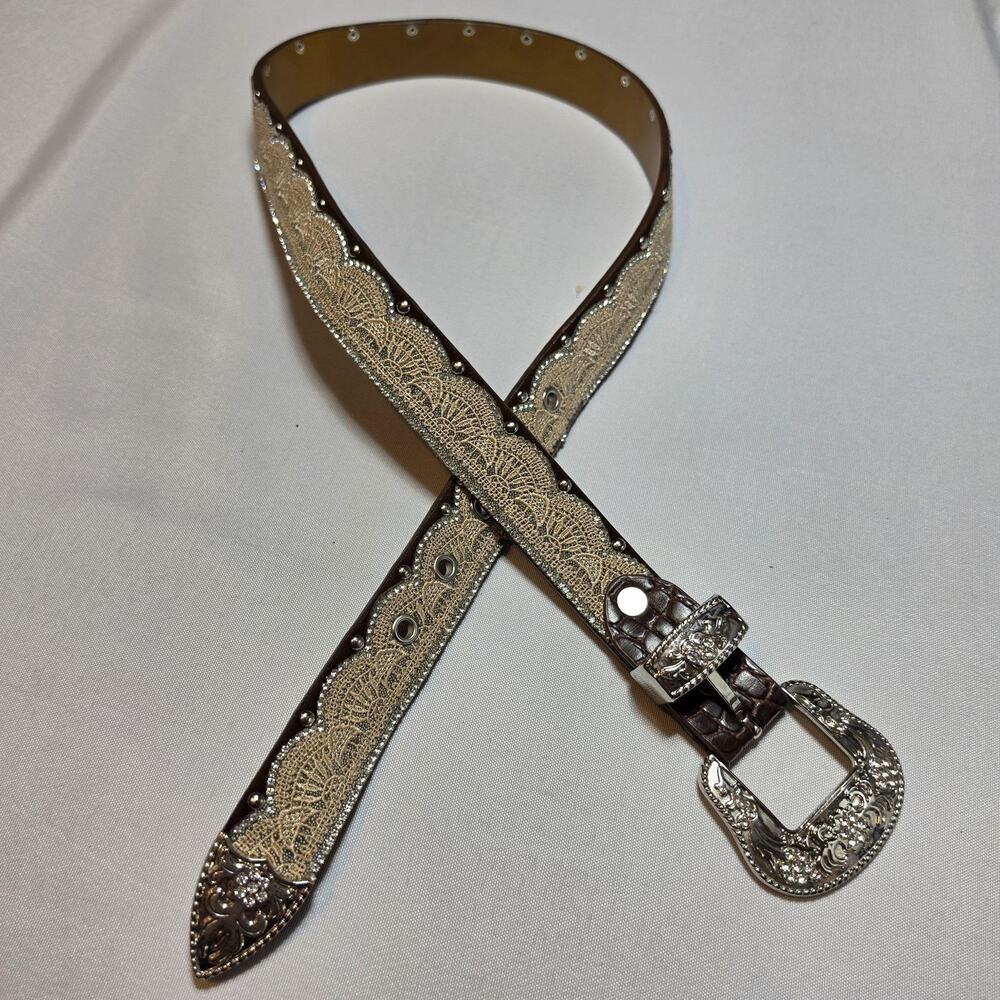 Brown Leather Belt Womens XL Western Rhinestone Studded Buckle Cowgirl DA3652